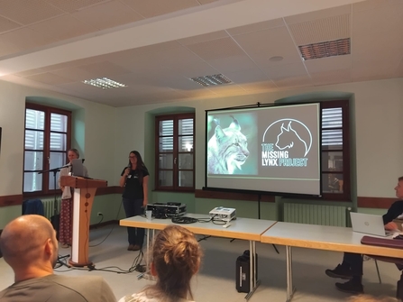 Team members Dr Deborah Brady and Dr Sam Cartwright co-presenting The Missing Lynx Project to the pan-European lynx delegation