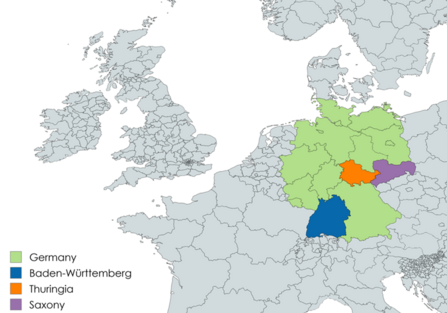 A map of Europe, with Germany highlighted in green and the three projects we visited highlighted in blue (Baden-Wurttemberg), orange (Thuringia) and purple (Saxony)